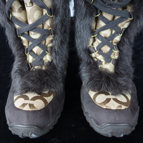 Coach Jennie Monogram Tan & Brown Lace-Up Faux Rabbit Fur Boots, Size 8.5 B - Picture 4 of 16